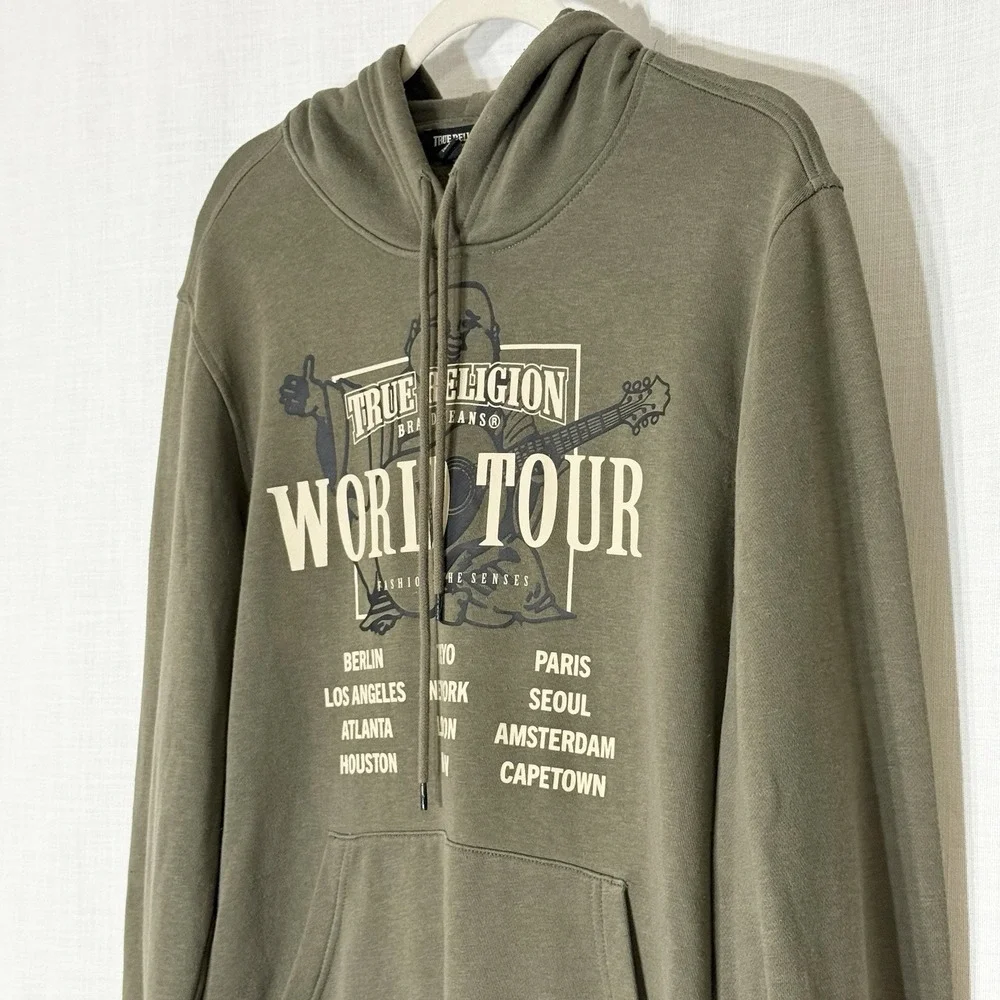 True Religion‎ World Tour Pullover Hoodie Olive Green Graphic Sweatshirt M